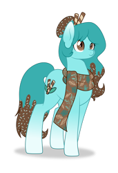 Size: 1178x1719 | Tagged: safe, artist:auroranovasentry, imported from derpibooru, oc, oc only, oc:choco mint, food pony, original species, pony, clothes, female, food, mare, ponified, scarf, simple background, solo, transparent background