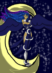 Size: 1240x1754 | Tagged: safe, artist:foxgearstudios, imported from derpibooru, princess luna, human, clothes, crescent moon, ethereal mane, female, humanized, moon, solo, spread wings, starry mane, transparent moon, winged humanization, wings