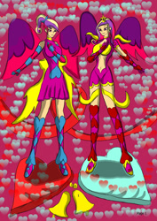 Size: 1240x1754 | Tagged: safe, artist:foxgearstudios, imported from derpibooru, princess cadance, human, abstract background, clothes, duality, duo, female, humanized, skirt, spread wings, time paradox, winged humanization, wings