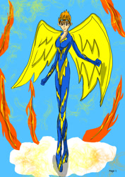 Size: 1240x1754 | Tagged: safe, artist:foxgearstudios, imported from derpibooru, spitfire, human, clothes, female, goggles, humanized, latex, latex suit, signature, solo, spread wings, uniform, winged humanization, wings, wonderbolts uniform