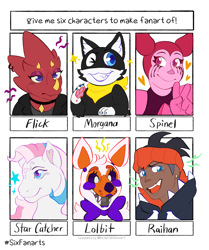 Size: 1280x1529 | Tagged: safe, artist:trashfeline, imported from derpibooru, star catcher, anthro, cat, pony, unicorn, six fanarts, :d, animatronic, anthro with ponies, bowtie, crossover, dark skin, five nights at freddy's, flick, gem, grin, horn, lolbit, makeup, one eye closed, open mouth, peace sign, running makeup, smiling, spinel, spinel (steven universe), steven universe, steven universe: the movie, wink