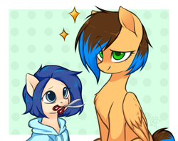 Size: 2093x1659 | Tagged: safe, artist:megabait, imported from derpibooru, oc, oc:lana, oc:megabait, earth pony, pegasus, pony, blue hoodie, haircut, scissors