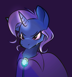 Size: 1008x1073 | Tagged: safe, artist:d1zzydog, artist:dizeedog, imported from derpibooru, trixie, pony, unicorn, 2021, brooch, cape, clothes, crying, female, frown, glowing, glowing horn, horn, jewelry, magic, magic aura, mare, purple background, simple background, solo, trixie's brooch, trixie's cape, upset