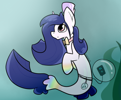 Size: 852x706 | Tagged: safe, artist:anonymoussbat, imported from derpibooru, oc, oc only, merpony, pony, seapony (g4), unicorn, blue background, blue mane, bubble, crepuscular rays, female, fish tail, flowing mane, flowing tail, horn, mp3 player, ocean, pink eyes, ribbon, seaponified, seaweed, simple background, solo, species swap, sunlight, swimming, tail, underwater, water