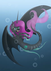 Size: 2079x2883 | Tagged: safe, artist:endilia17, imported from derpibooru, oc, oc only, alicorn, bat pony, hybrid, merpony, pony, seapony (g4), bat wings, bubble, crepuscular rays, dorsal fin, fangs, fins, fish tail, flowing mane, flowing tail, green eyes, high res, horn, ocean, open mouth, purple mane, seaponified, signature, smiling, solo, species swap, sunlight, swimming, tail, teeth, underwater, water, wings