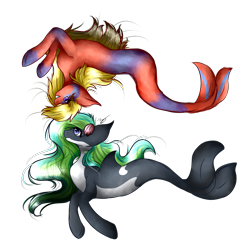 Size: 1783x1761 | Tagged: safe, artist:cosmoticlink, imported from derpibooru, oc, oc only, hybrid, merpony, orca, orca pony, original species, seapony (g4), blue eyes, commission, dorsal fin, eyelashes, female, fish tail, flowing mane, flowing tail, green mane, looking at each other, purple eyes, seashell, simple background, smiling, swimming, tail, teeth, transparent background, yellow mane