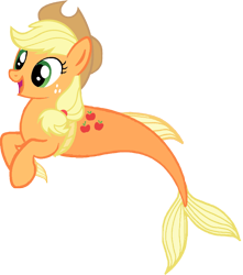 Size: 952x1079 | Tagged: safe, artist:saphirabjarskular, imported from derpibooru, applejack, earth pony, merpony, pony, seapony (g4), applejack's hat, cowboy hat, dorsal fin, female, fins, fish tail, flowing tail, green eyes, hat, open mouth, open smile, seaponified, seapony applejack, simple background, smiling, solo, species swap, tail, transparent background, yellow mane