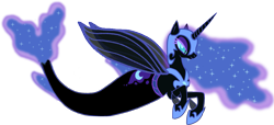 Size: 1735x789 | Tagged: safe, artist:saphirabjarskular, imported from derpibooru, nightmare moon, alicorn, merpony, pony, blue eyes, blue mane, colored pupils, dorsal fin, ethereal mane, eyelashes, female, fin wings, fins, fish tail, flowing mane, flowing tail, helmet, hoof shoes, horn, seaponified, simple background, solo, sparkles, species swap, starry mane, tail, transparent background, wings