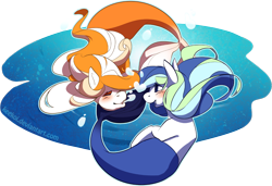 Size: 1240x846 | Tagged: safe, artist:keekoi, imported from derpibooru, oc, oc only, merpony, seapony (g4), blushing, bubble, crepuscular rays, eyelashes, eyes closed, female, fish tail, flowing mane, heart bubbles, looking at each other, mermaid tail, ocean, open mouth, shipping, simple background, smiling, sunlight, swimming, tail, transparent background, underwater, water