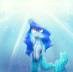 Size: 1214x1200 | Tagged: safe, artist:fadedsketch, imported from derpibooru, oc, oc only, merpony, blue mane, bubble, crepuscular rays, deviantart watermark, female, fish tail, flowing mane, flowing tail, looking up, mermaid tail, obtrusive watermark, ocean, red eyes, signature, solo, sunlight, swimming, tail, underwater, water, watermark