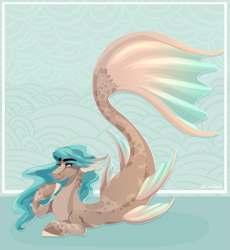 Size: 887x966 | Tagged: safe, artist:cyanreef, imported from derpibooru, oc, oc only, hybrid, merpony, seapony (g4), blue mane, brown eyes, dorsal fin, eyelashes, fish tail, flowing mane, flowing tail, green background, grin, lying down, simple background, smiling, solo, tail