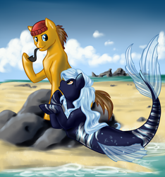 Size: 2160x2304 | Tagged: safe, artist:blargasaurus-rex, imported from derpibooru, oc, oc only, earth pony, merpony, pony, seapony (g4), beach, blue eyes, blue mane, brown mane, cloud, dorsal fin, female, fish tail, flowing tail, high res, looking at each other, lying down, male, ocean, open mouth, orange eyes, pipe, rock, sand, sitting, sky, smiling, sparkles, stallion, tail, water