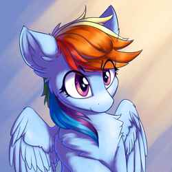 Size: 1123x1123 | Tagged: safe, artist:ravistdash, imported from derpibooru, rainbow dash, pegasus, pony, arm fluff, avatar, chest fluff, cute, dashabetes, ear fluff, eye clipping through hair, eyebrows, eyebrows visible through hair, female, fluffy, happy, looking at you, mare, simple background, sitting, smiling, smiling at you, solo, spread wings, wings