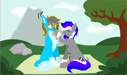 Size: 4792x2847 | Tagged: safe, artist:samsailz, imported from derpibooru, oc, oc:retro, oc:retrothegempony, oc:thundy, earth pony, pony, sabertooth pony, wolf, :p, blushing, boop, bush, cute, grass, lineless, mat, rock, scenery, surprised, tongue out, tree