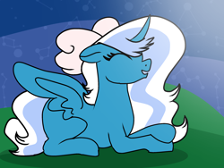 Size: 2048x1536 | Tagged: safe, artist:doodle-dazzle, imported from derpibooru, oc, oc:fleurbelle, alicorn, alicorn oc, bow, eyes closed, female, hair bow, horn, lying down, mare, night, wings