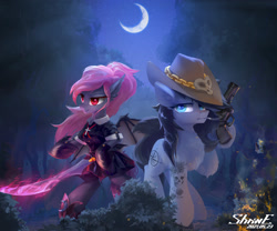 Size: 2400x2000 | Tagged: safe, artist:coldrivez, imported from derpibooru, oc, oc only, oc:alexander 'crow' kingston, oc:rosa cavalier, bat pony, earth pony, pony, vampire, vampony, cigarette, clothes, duo, female, gun, handgun, hat, high res, male, mare, moon, night, revolver, smoking, spread wings, stallion, standing, sword, weapon, wings