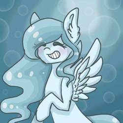 Size: 768x768 | Tagged: safe, artist:positiivity, imported from derpibooru, oc, oc only, pegasus, pony, blushing, bubble, ear fluff, eyelashes, eyes closed, feather, female, flowing mane, ocean, solo, spread wings, swimming, teeth, underwater, water, wings