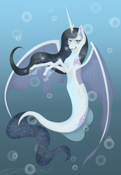 Size: 2038x2942 | Tagged: safe, artist:endilia17, imported from derpibooru, oc, oc only, alicorn, bat pony, hybrid, merpony, pony, seapony (g4), bat wings, black mane, blue eyes, bubble, crepuscular rays, female, fish tail, flowing tail, high res, horn, looking at you, ocean, open mouth, open smile, seaponified, smiling, solo, species swap, sunlight, tail, underwater, water, wings