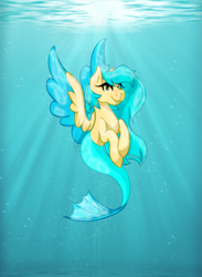 Size: 2097x2859 | Tagged: safe, artist:cyanreef, imported from derpibooru, oc, oc only, merpony, blue mane, bubble, crepuscular rays, eyelashes, feather, fish tail, flowing mane, flowing tail, high res, looking at you, mermaid tail, ocean, signature, smiling, solo, spread wings, sunlight, swimming, tail, underwater, water, wings, yellow eyes