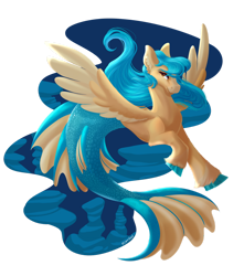 Size: 1280x1445 | Tagged: safe, artist:cyanreef, imported from derpibooru, imported from ponybooru, oc, oc only, merpony, blue mane, brown eyes, dorsal fin, eyelashes, feather, fish tail, flowing mane, flowing tail, looking at you, mermaid tail, ocean, signature, simple background, smiling, solo, spread wings, swimming, tail, underwater, water, wings