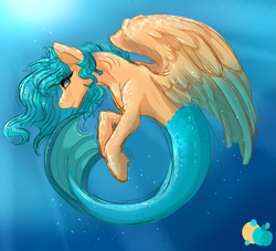 Size: 2533x2301 | Tagged: safe, artist:cyanreef, imported from derpibooru, oc, oc only, merpony, blue eyes, blue mane, dorsal fin, eyelashes, feather, fish tail, flowing mane, flowing tail, high res, looking at you, mermaid tail, ocean, signature, simple background, smiling, solo, spread wings, swimming, tail, underwater, water, wings