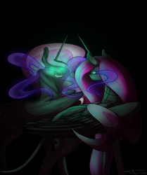 Size: 2237x2681 | Tagged: safe, artist:endilia17, imported from derpibooru, nightmare moon, oc, alicorn, pony, black background, dark, ethereal mane, evil grin, fangs, feather, female, flowing mane, glowing eyes, grin, high res, horn, looking at each other, pink mane, simple background, smiling, sparkles, starry mane, teeth, wings