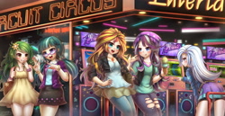 Size: 4246x2186 | Tagged: safe, artist:emperpep, imported from derpibooru, juniper montage, starlight glimmer, sunset shimmer, trixie, wallflower blush, human, equestria girls, anime style, arcade, beanie, clothes, commission, cute, dance dance revolution, diatrixes, dress, equestria girls outfit, flowerbetes, geode of empathy, glasses, glimmerbetes, group, hat, humanized, ice cream cone, jacket, junibetes, magical geodes, open mouth, pants, quintet, shimmerbetes, skirt, smiling, summer dress, torn clothes, vest