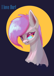 Size: 2480x3508 | Tagged: safe, artist:i love hurt, imported from derpibooru, oc, oc only, earth pony, pony, angry, bust, grey skin, high res, nose wrinkle, pink hair, portrait, solo, sternocleidomastoid, violet hair, yellow eyes
