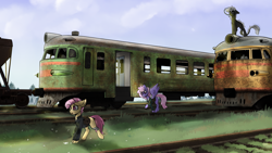 Size: 1852x1041 | Tagged: safe, artist:subway777, imported from derpibooru, oc, oc only, earth pony, pegasus, pony, train, trio