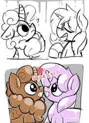 Size: 2318x3195 | Tagged: safe, artist:wallswallswalls, imported from derpibooru, oc, oc only, oc:stillwater, inflatable pony, kirin, original species, pony, pooltoy pony, unicorn, boop, decal, duo, ear fluff, floating heart, floppy ears, grin, heart, high res, inanimate tf, inflatable, latex, male, no catchlights, no pupils, noseboop, onomatopoeia, partial color, pool toy, quadrupedal, question mark, raised hoof, rubber, scrunchy face, simple background, sketch, smiling, stallion, talking, transformation, white background