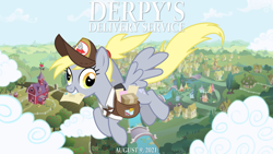 Size: 2063x1161 | Tagged: safe, artist:not-yet-a-brony, imported from derpibooru, derpy hooves, pegasus, flying, hayao miyazaki, kiki's delivery service, lyrics in the description, mailmare, movie reference, ponyville, studio ghibli, youtube link in the description