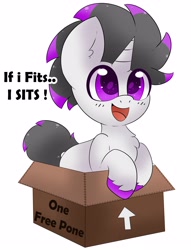 Size: 2912x3821 | Tagged: safe, alternate version, artist:pegamutt, imported from derpibooru, oc, oc only, oc:haze rad, pony, unicorn, alternate character, box, chest fluff, commission, commissioner:biohazard, cute, dialogue, high res, highlights, horn, if i fits i sits, male, ocbetes, open mouth, open smile, pony in a box, simple background, smiling, smol, solo, stallion, unicorn oc, white background, ych result
