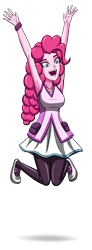 Size: 1296x3510 | Tagged: safe, artist:artemis-polara, imported from derpibooru, pinkie pie, equestria girls, breasts, clothes, jumping, open mouth, simple background, skirt, smiling, solo, transparent background