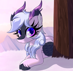 Size: 3399x3301 | Tagged: safe, artist:windykirin, imported from derpibooru, oc, oc only, oc:glacial aura, oc:glacier sunrise, kirin, female, high res, long eyelashes, lying down, mountain, snow, solo, tree