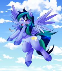 Size: 2604x3000 | Tagged: safe, artist:yukirasha, imported from derpibooru, oc, oc:starwish, pegasus, blue, blue hair, cloud, flying, happiness, high res, pegasus oc, purple eyes, sky, wings