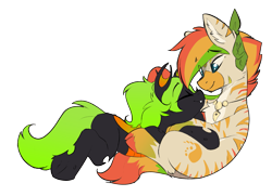 Size: 2651x1915 | Tagged: safe, artist:beardie, imported from derpibooru, oc, oc only, oc:pleurona, oc:æmortís, changeling, zebra, cute, orange changeling, wholesome