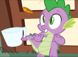 Size: 959x707 | Tagged: safe, imported from derpibooru, screencap, spike, dragon, just for sidekicks, belly, cropped, gem, male, measuring cup, shocked, solo