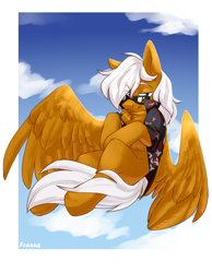 Size: 1572x2022 | Tagged: safe, artist:fraxus, artist:ilovefraxus, imported from derpibooru, oc, oc:breezy brown, pegasus, pony, bedroom eyes, black shirt, brown fur, clothes, flying, hawaiian shirt, looking at you, male, open clothes, open shirt, pegasus oc, shading, shirt, sky, spread wings, stallion, sunglasses, watermark, white hair, white mane, wings