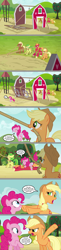 Size: 1136x4631 | Tagged: safe, artist:silverbuller, edit, edited screencap, imported from derpibooru, screencap, apple fritter, applejack, big macintosh, meadow song, pinkie pie, earth pony, pony, too many pinkie pies, angry, apple family member, applejack's hat, comic, cowboy hat, epic fail, fail, hat, male, meta, open mouth, screencap comic, speech bubble