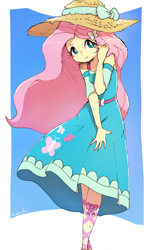 Size: 2120x3532 | Tagged: safe, artist:fuyugi, artist:nendo, imported from derpibooru, fluttershy, human, equestria girls, blushing, breasts, busty fluttershy, butterfly hairpin, clothes, cute, daaaaaaaaaaaw, dress, female, fluttershy boho dress, hat, high res, looking at you, shy, shyabetes, skirt, smiling, smiling at you, solo, sun hat, sweat, sweatdrops, white pupils, wind, wind blowing