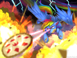 Size: 2930x2212 | Tagged: safe, artist:sketchiix3, imported from derpibooru, rainbow dash, pegasus, pony, secrets and pies, destruction, evil pie hater dash, explosion, eye beams, fangs, female, food, high res, lightning, mare, open mouth, pie, rainbow trail, solo