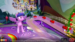Size: 1920x1080 | Tagged: safe, imported from derpibooru, twilight sparkle, alicorn, pony, 3d, apple, apple tree, canterlot, cloud, female, flower, food, g4, mare, my little pony logo, my little pony pinball, official, pinball, rainbow, solo, text, tree, twilight sparkle (alicorn), video game, watermark, zen pinball party