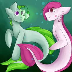 Size: 627x627 | Tagged: safe, artist:corporalfishy, imported from derpibooru, oc, oc only, merpony, seapony (g4), bubble, crepuscular rays, dorsal fin, fish tail, gills, glow, glowing, looking at each other, ocean, purple eyes, smiling, solo, swimming, tail, underwater, water