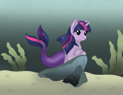 Size: 2785x2154 | Tagged: safe, artist:dalekwithakeyblade, imported from derpibooru, twilight sparkle, merpony, pony, seapony (g4), unicorn, art trade, crepuscular rays, female, fish tail, flowing mane, flowing tail, high res, horn, lying down, mermaid tail, ocean, purple eyes, rock, sand, seaponified, seapony twilight, seaweed, solo, species swap, tail, underwater, water