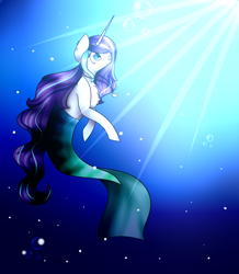 Size: 1366x1568 | Tagged: safe, artist:sweet-evergreen, imported from derpibooru, oc, oc only, merpony, pony, unicorn, blue eyes, bubble, chest fluff, crepuscular rays, female, fish tail, flowing tail, horn, jewelry, looking up, mermaid tail, necklace, ocean, purple mane, seaponified, smiling, solo, species swap, sunlight, swimming, tail, underwater, water