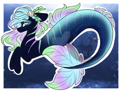 Size: 600x450 | Tagged: safe, artist:lexiadawn, edit, imported from derpibooru, oc, oc only, merpony, adoptable, blue background, bubble, deviantart watermark, dorsal fin, female, fish tail, flowing mane, flowing tail, logo, logo edit, obtrusive watermark, ocean, seashell, simple background, smiling, solo, tail, underwater, water, watermark