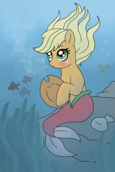 Size: 640x960 | Tagged: safe, artist:unoriginai, imported from derpibooru, applejack, earth pony, fish, merpony, pony, seapony (g4), applejack's hat, blushing, bubble, cowboy hat, crepuscular rays, cute, female, fish tail, flowing mane, flowing tail, green eyes, hat, jackabetes, mermaid tail, ocean, rock, seaponified, seapony applejack, seaweed, sitting, solo, species swap, tail, underwater, water, yellow mane
