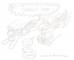 Size: 1961x1597 | Tagged: safe, artist:unoservix, imported from derpibooru, fluttershy, rainbow dash, pegasus, pony, 2012, boombox, danger zone, kenny loggins, pencil drawing, rainbow dash is not amused, song reference, speech bubble, traditional art, unamused