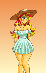 Size: 1200x1900 | Tagged: safe, artist:zachc, imported from derpibooru, sunset shimmer, equestria girls, adorasexy, bare shoulders, beautiful, blushing, breasts, busty sunset shimmer, cleavage, clothes, cute, dress, female, gradient background, hat, legs, looking away, sexy, shimmerbetes, solo, sun hat, thighs