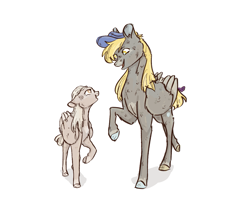 Size: 1193x980 | Tagged: safe, artist:ayartzramen, imported from derpibooru, derpy hooves, oc, oc:dove doodles, pegasus, pony, female, filly, hat, magical lesbian spawn, mare, mother and child, mother and daughter, offspring, parent:derpy hooves, parent:twilight sparkle, parents:twerpy, simple background, white background